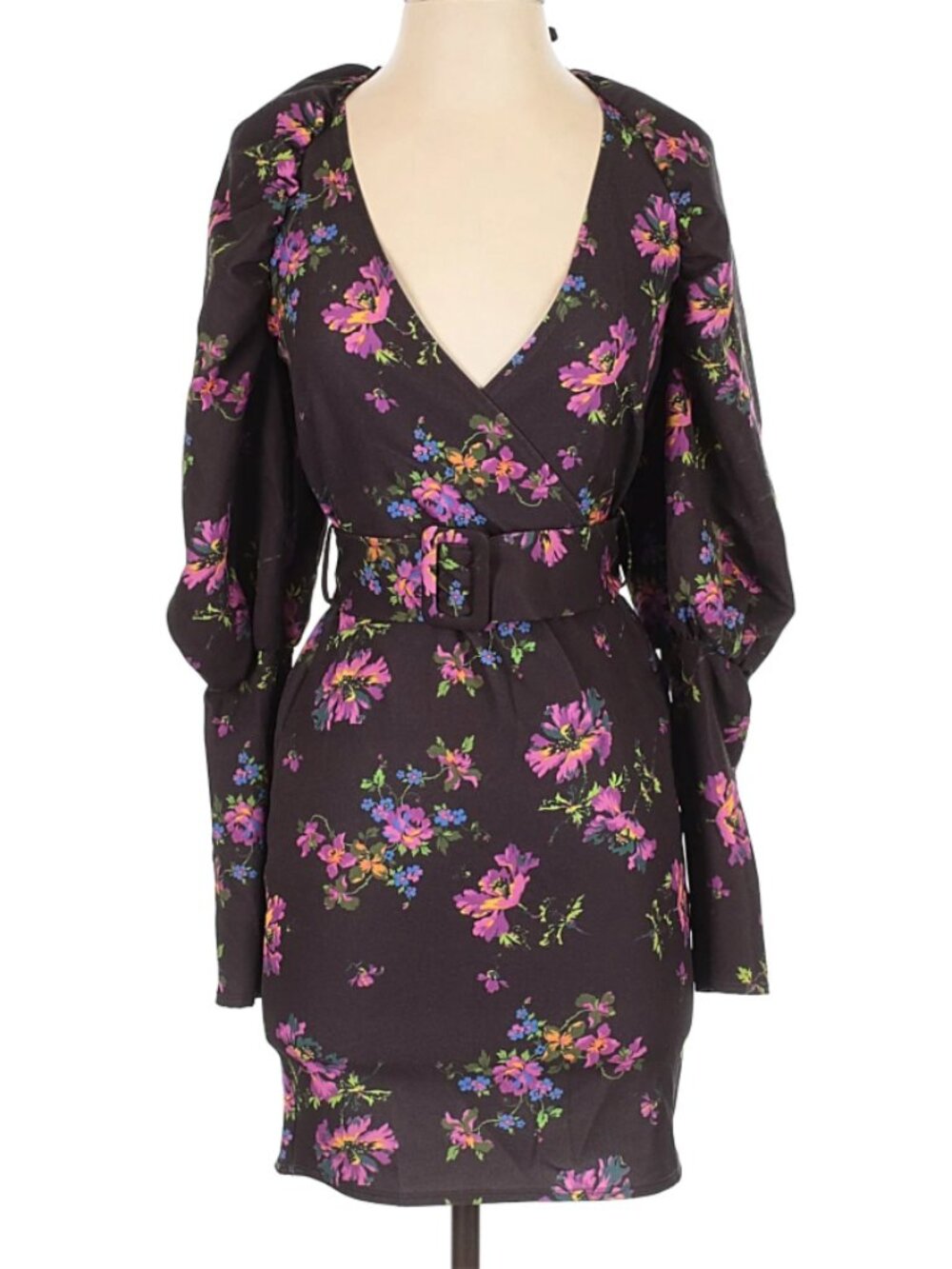 ASOS Juliet Dress Puff Sleeve Belted Sheath Mini Black Base Floral NWT 0